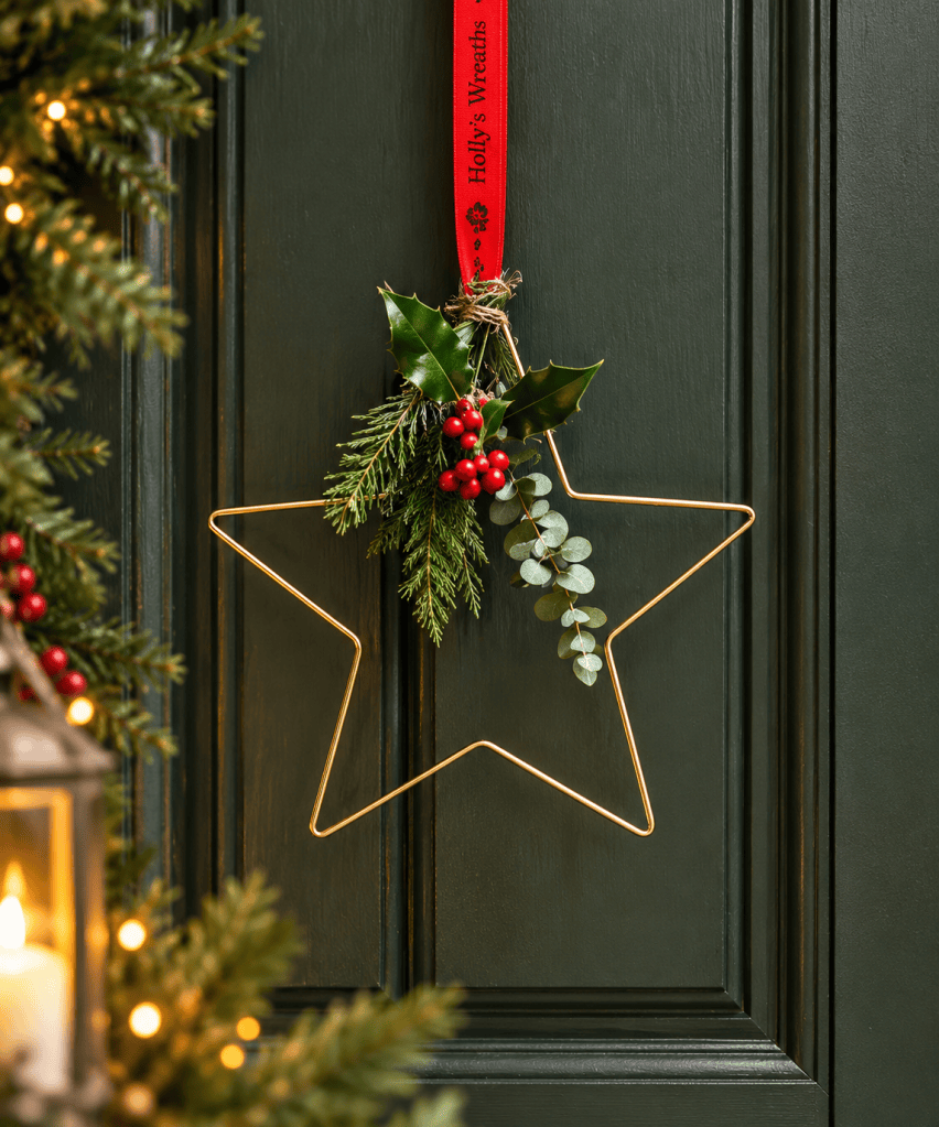 Gold wire star wreath decorated with fresh greenery, holly, red berries and a red Holly’s Wreaths ribbon on a dark green door