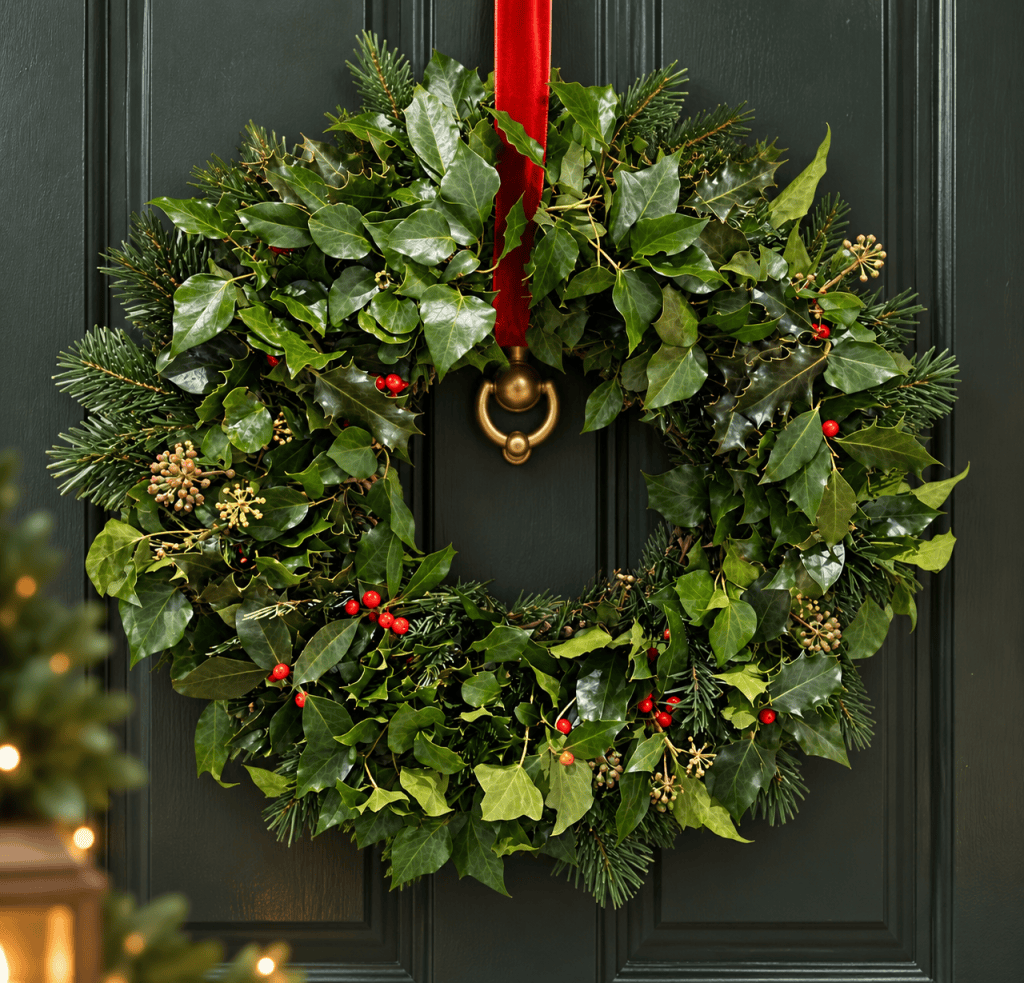 Large fresh foliage Christmas door wreath on a dark green door