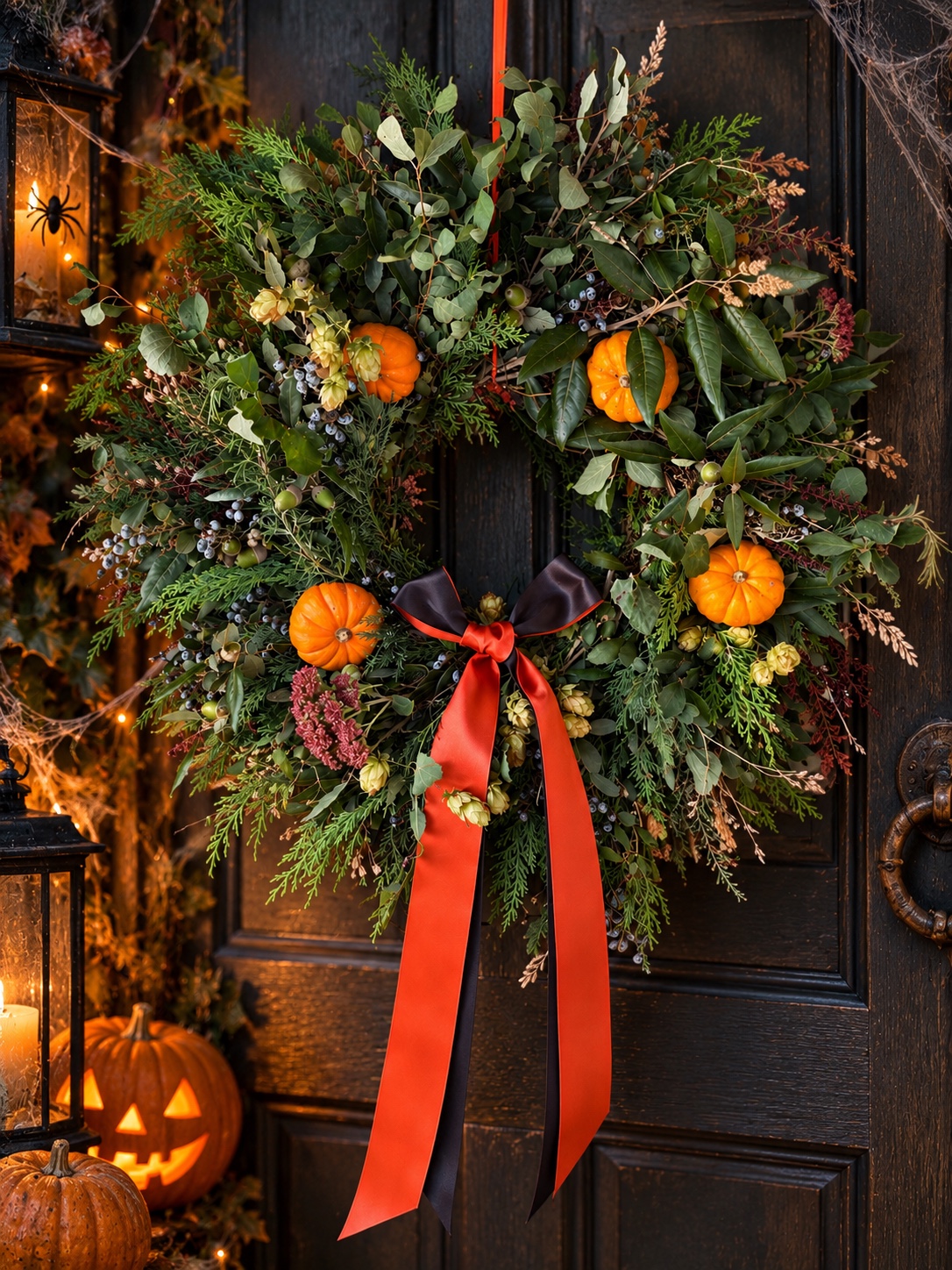 Handmade Halloween wreath with seasonal foliage, mini pumpkins and an orange and black bow on a dark front door